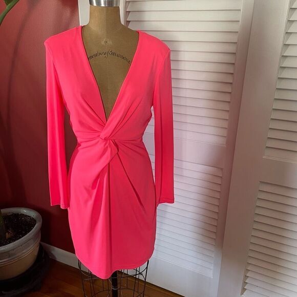 ZARA | neon pink long sleeve v neck mini dress L - Picture 1 of 7